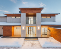 front view of large orange house