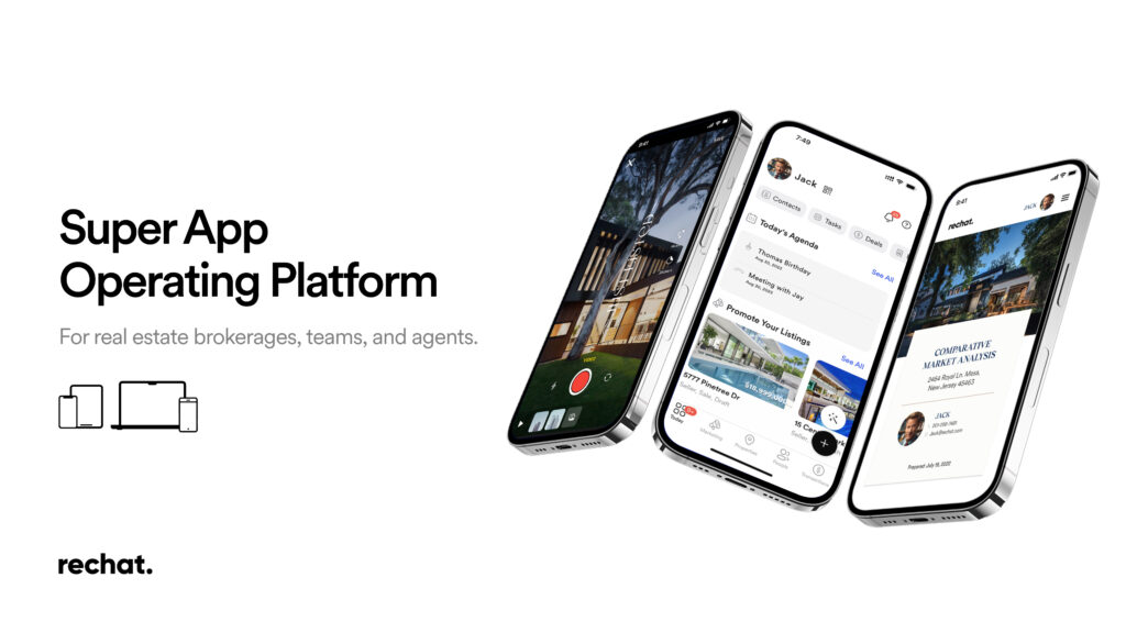 Rechat Super App and Operating Platform displayed on three smartphone screens, showing features for real estate agents including marketing, video marketing, daily agenda, CRM, property promotion, and comparative market analysis.